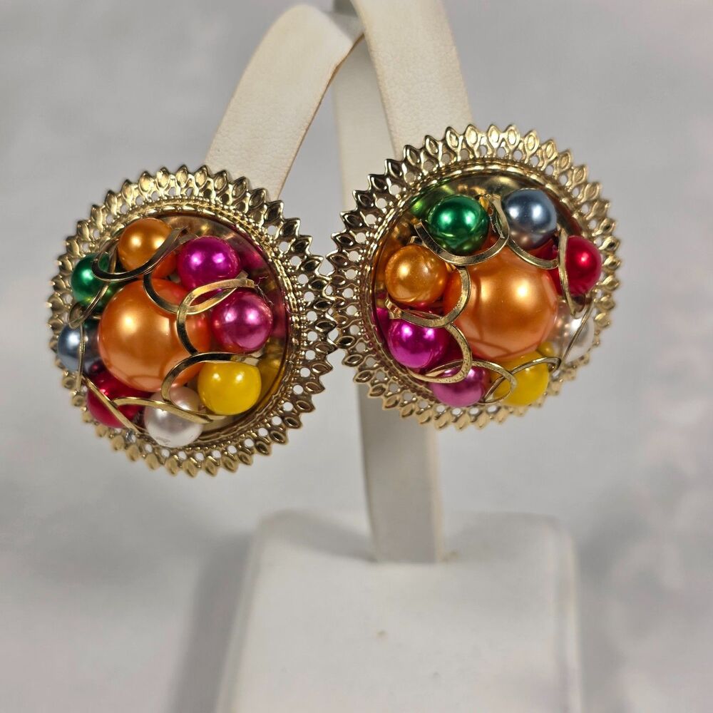 Multi Color Faux Pearl Cluster Stud Earrings Gold Tone Crown Border
